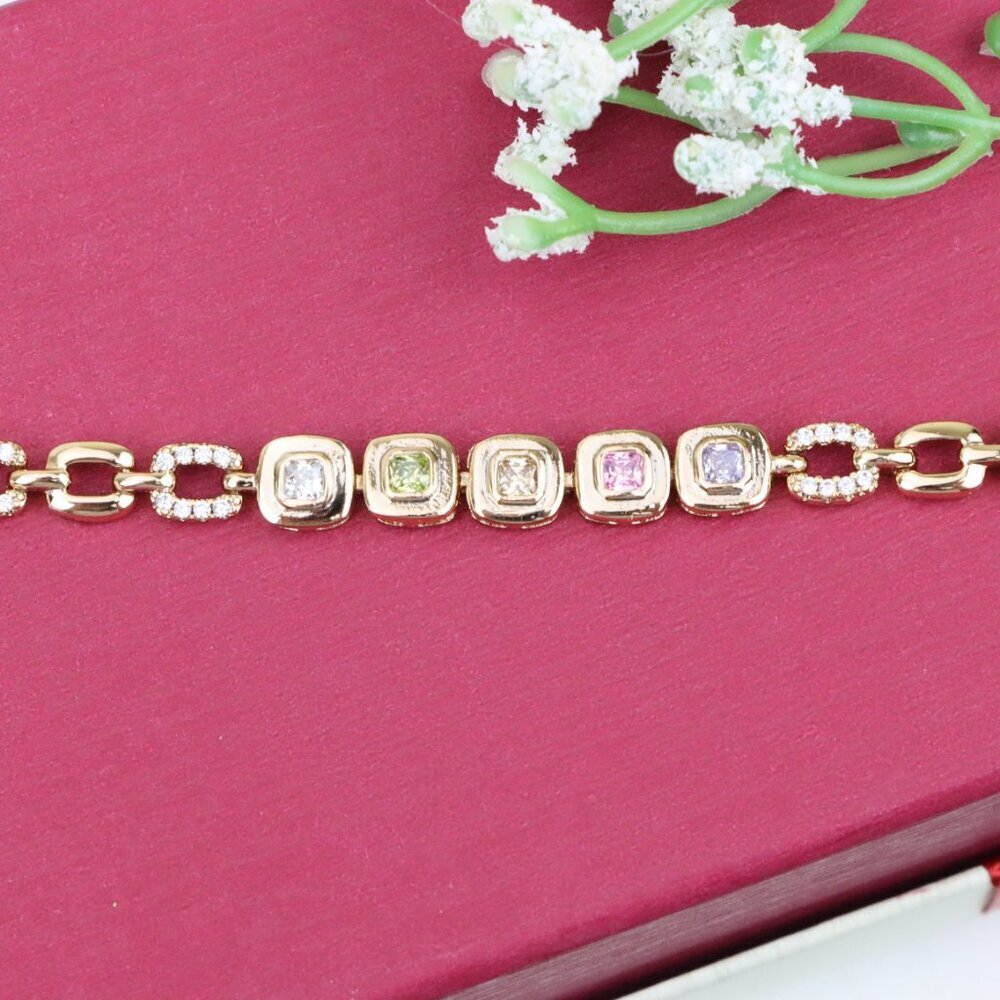 "Rose Gold Bracelet with Colorful Stones and Crystal Links, XPBL0791